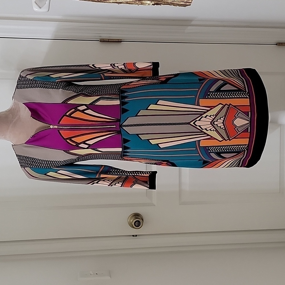 Etcetera, Size 2 Geometric / Art Deco Design 3/4 Sleeve Dress, Front Zipper, EUC